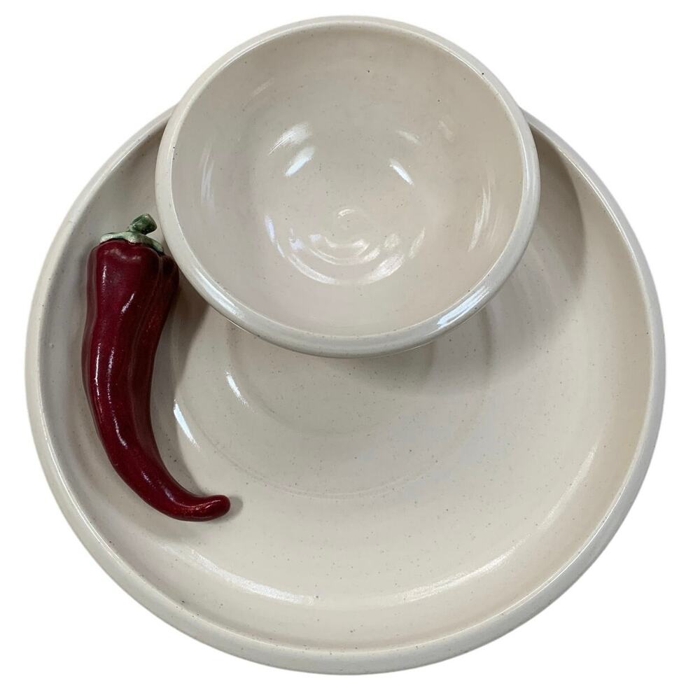 Studio Art Pottery Ceramic Chip & Dip With Chili Pepper Signed Bowl Attached 9”